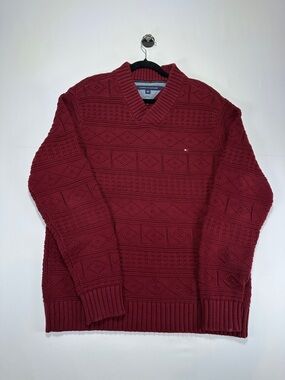 Tommy Hilfiger Textured Cotton V Neck Sweater Burgundy Knit Size XL